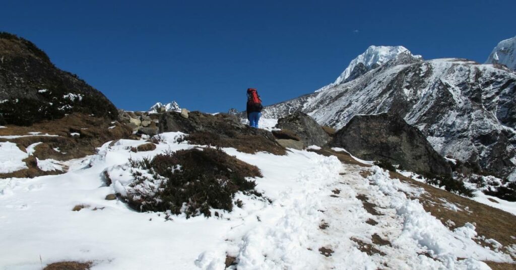 Trekking along snow-capped trails towards Everest Base Camp