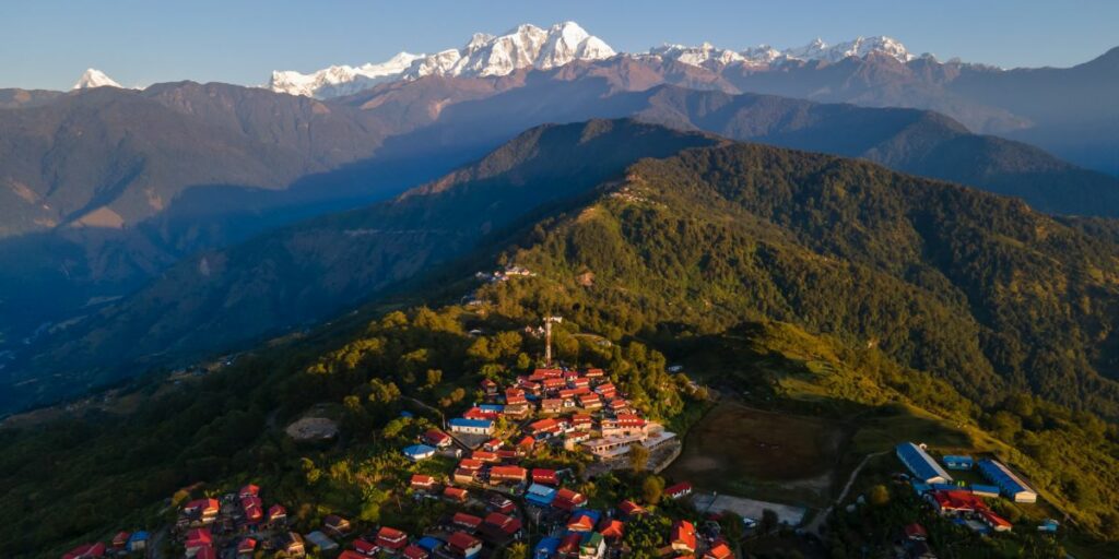 heli view above Everest Base Camp with panoramic views
