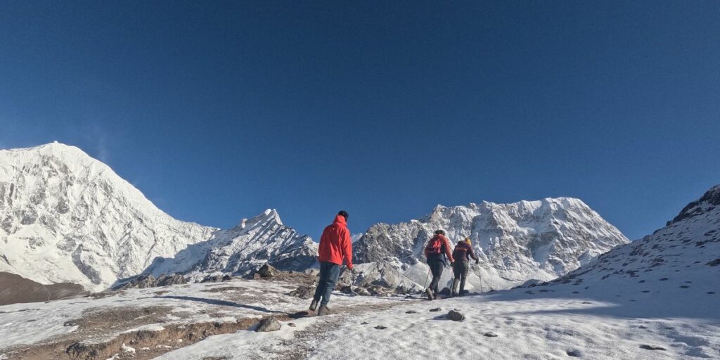 skilled trekkers navigating rugged mountain trail