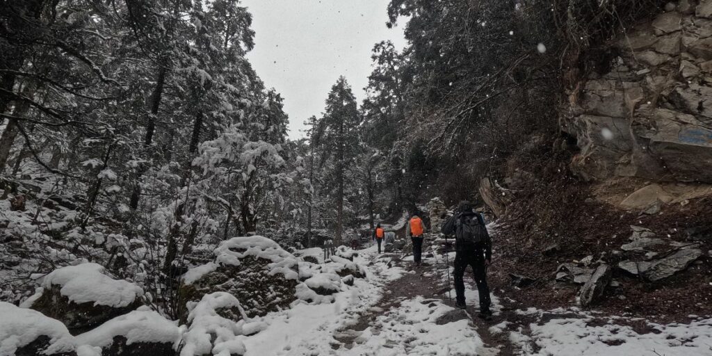 snow-covered trail leading into the manaslu circuit