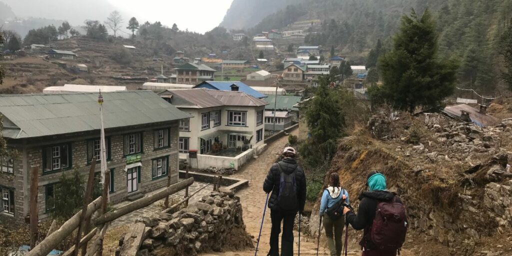 trekkers setting off from lukla to begin the EBC journey