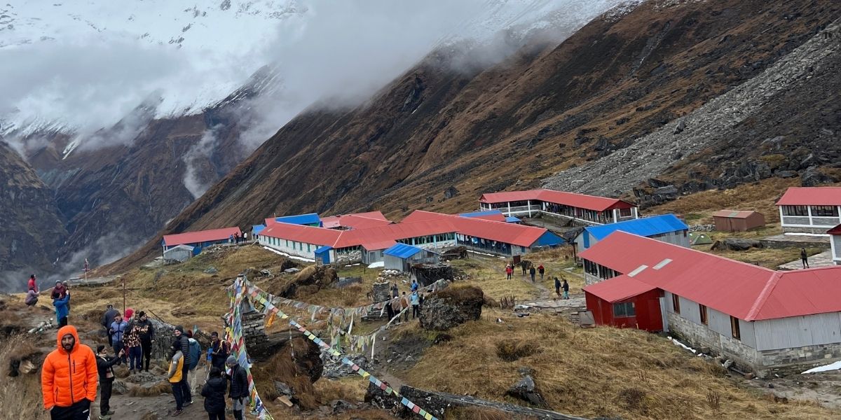 Annapurna Base Camp crowd at scenic viewpoint