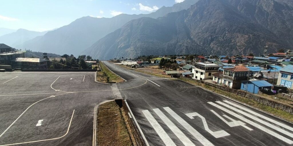 Lukla Airport runway with Himalayan backdrop