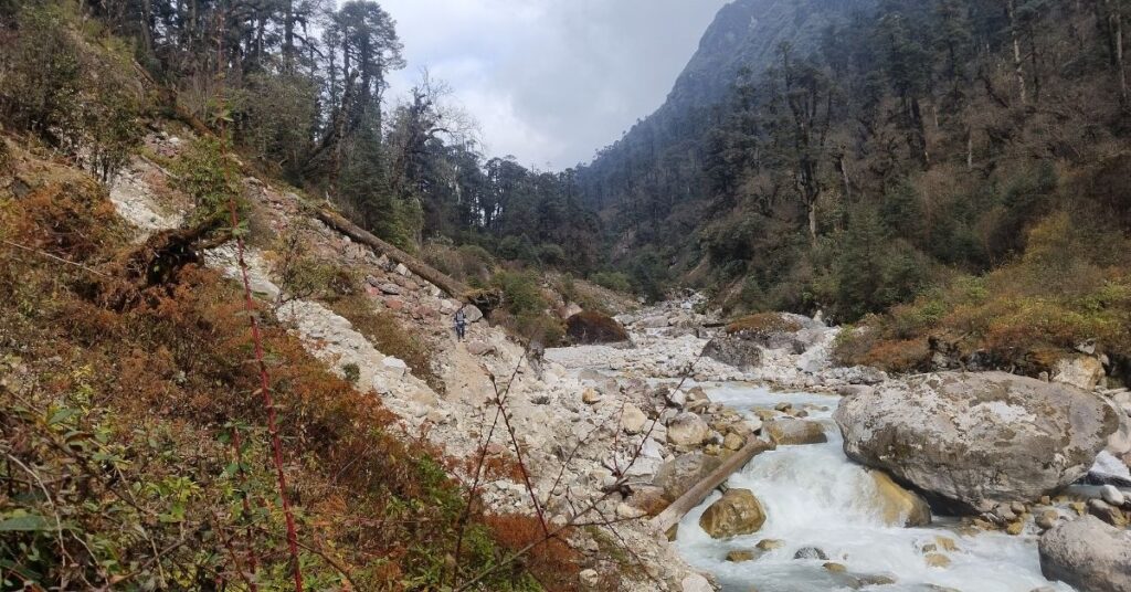 High-altitude trail with glacial river flowing below