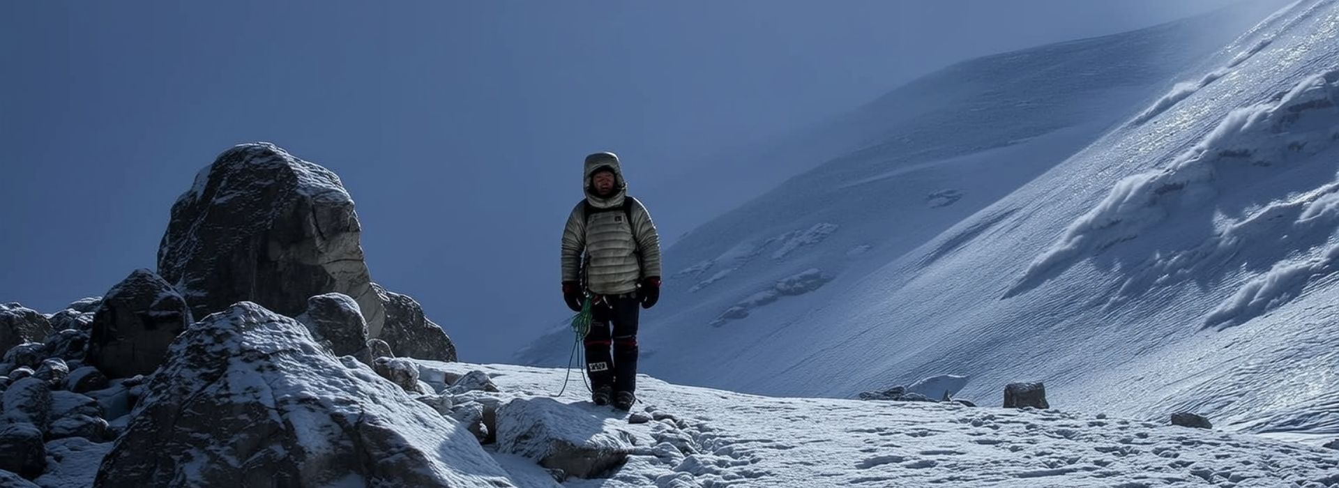 Mountaineer trekking across the perilous death zone of Everest