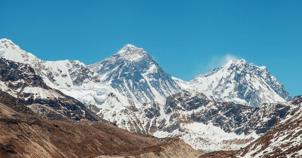 Panoramic view of Mount Everest and neighboring peaks