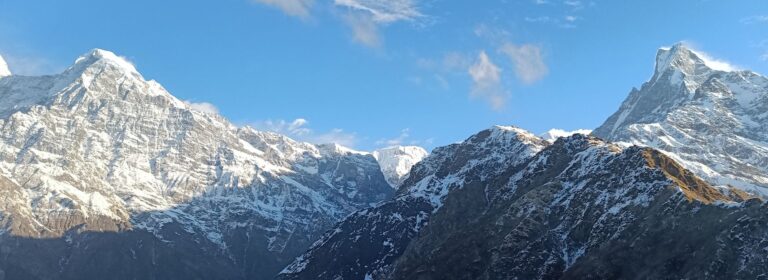 Snow-covered Annapurna and Machapuchare peaks from short 4 day treks