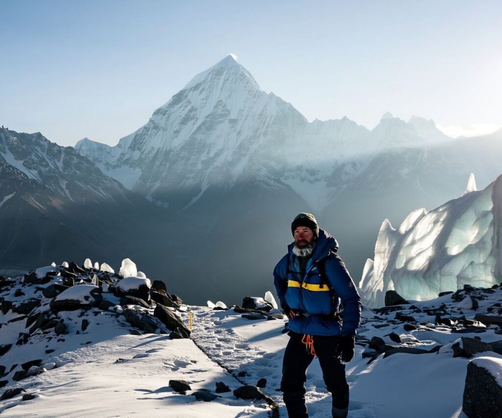 Solo mountaineer on snowy trail approaching Mount Everest