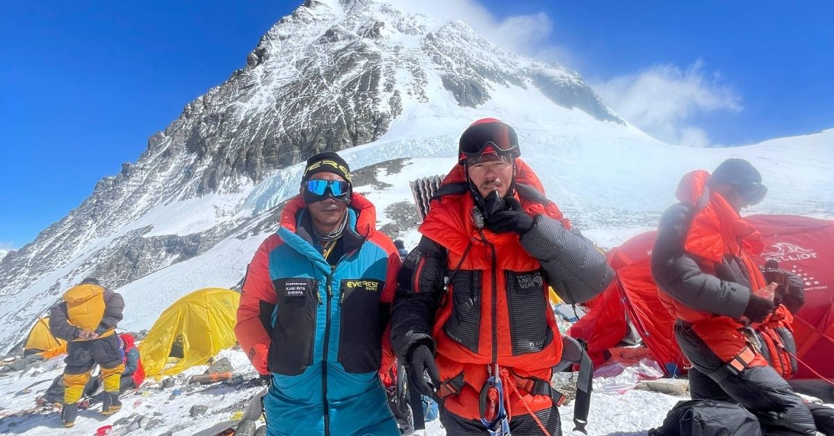 Summit team pausing for photos on Everest climb