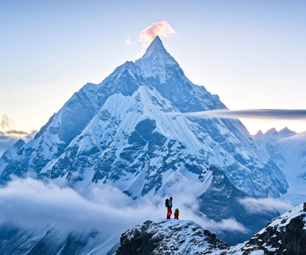 Two climbers stand on a snowy ridge beneath a dramatic Everest