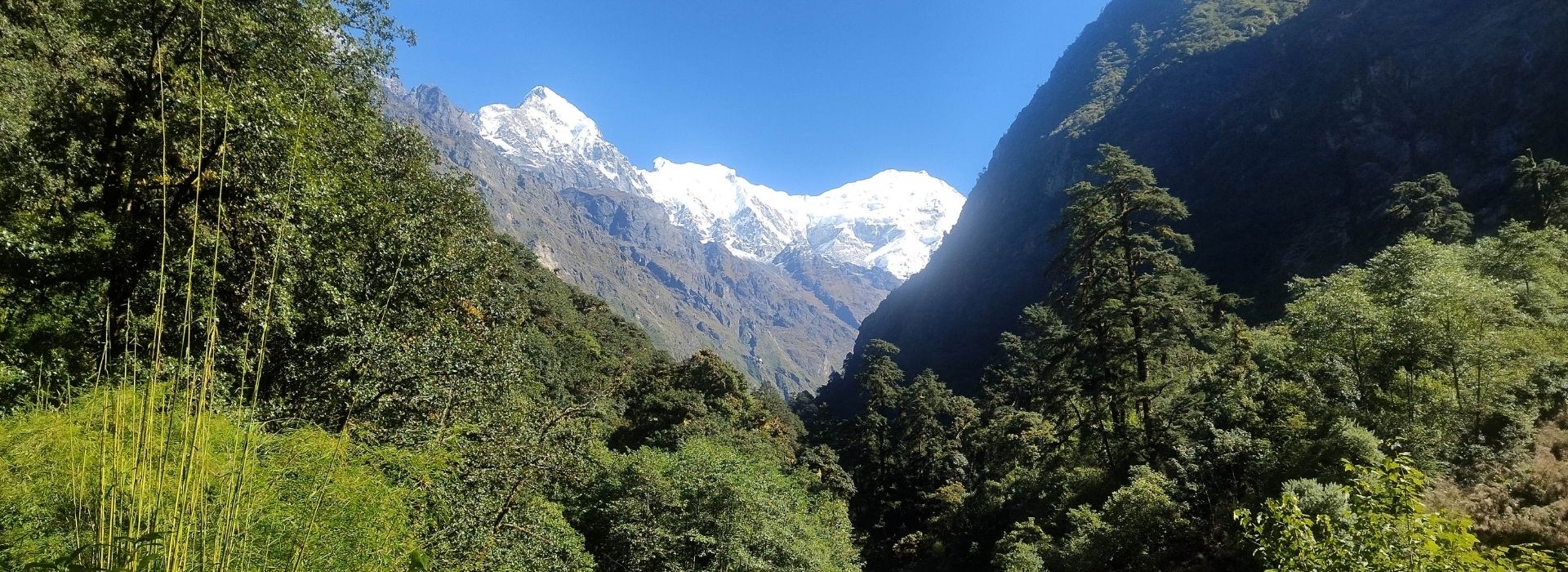 Autumn landscape with snowy peaks while trekking in Nepal