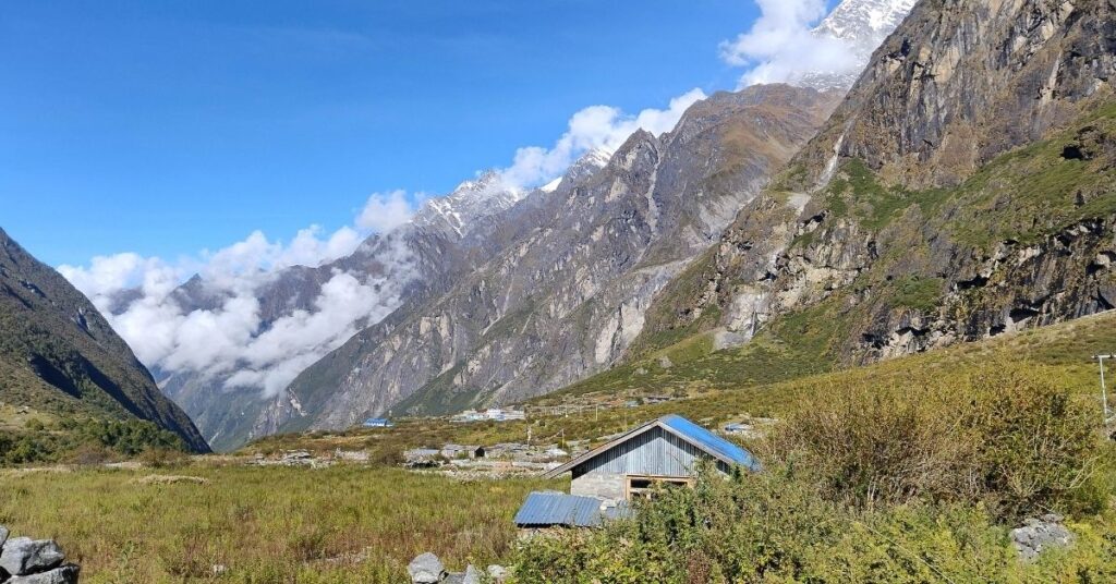 Autumn morning view of Kyanjin Gompa in Langtang Valley