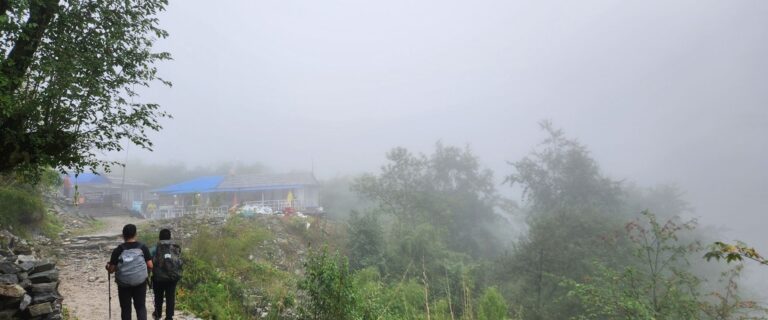 Beginner trekkers on the ABC trail walking towards teahouses in the foggy Himalayan landscape