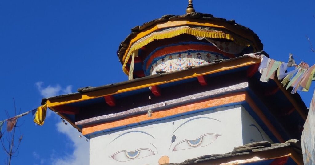 Chorten with Buddha eyes in Lho village in Manaslu Circuit trek