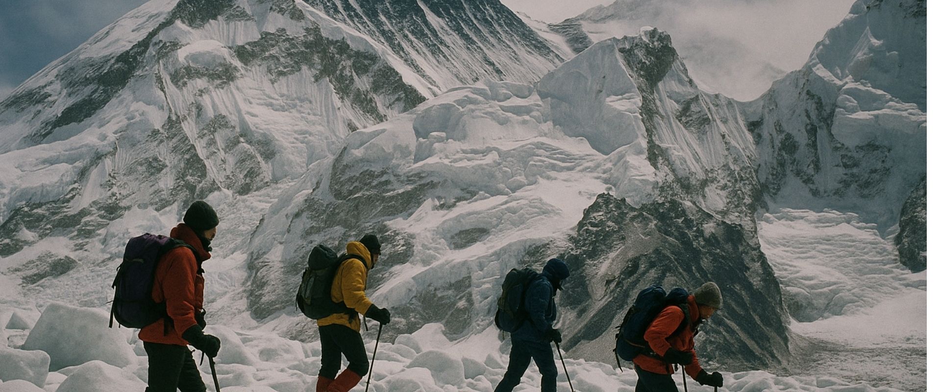 Climbers ascending through the Khumbu Icefall with Mount Everest in the background
