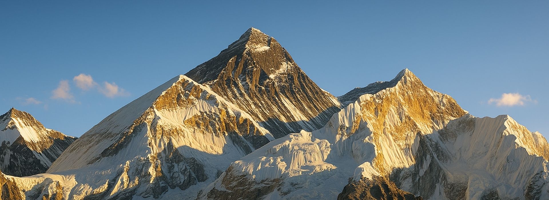 Golden sunlight hitting Mount Everest’s snow-covered peak