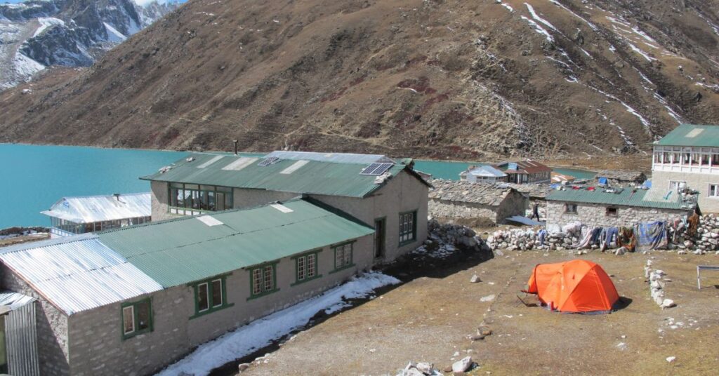 Green-roofed lodges near Gokyo Lake on the Everest trek.