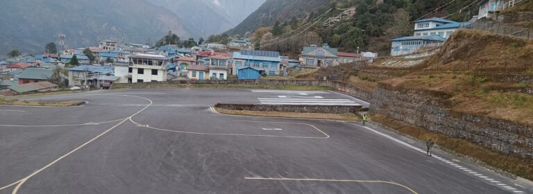 Lukla Airport runway and village view in the Everest region
