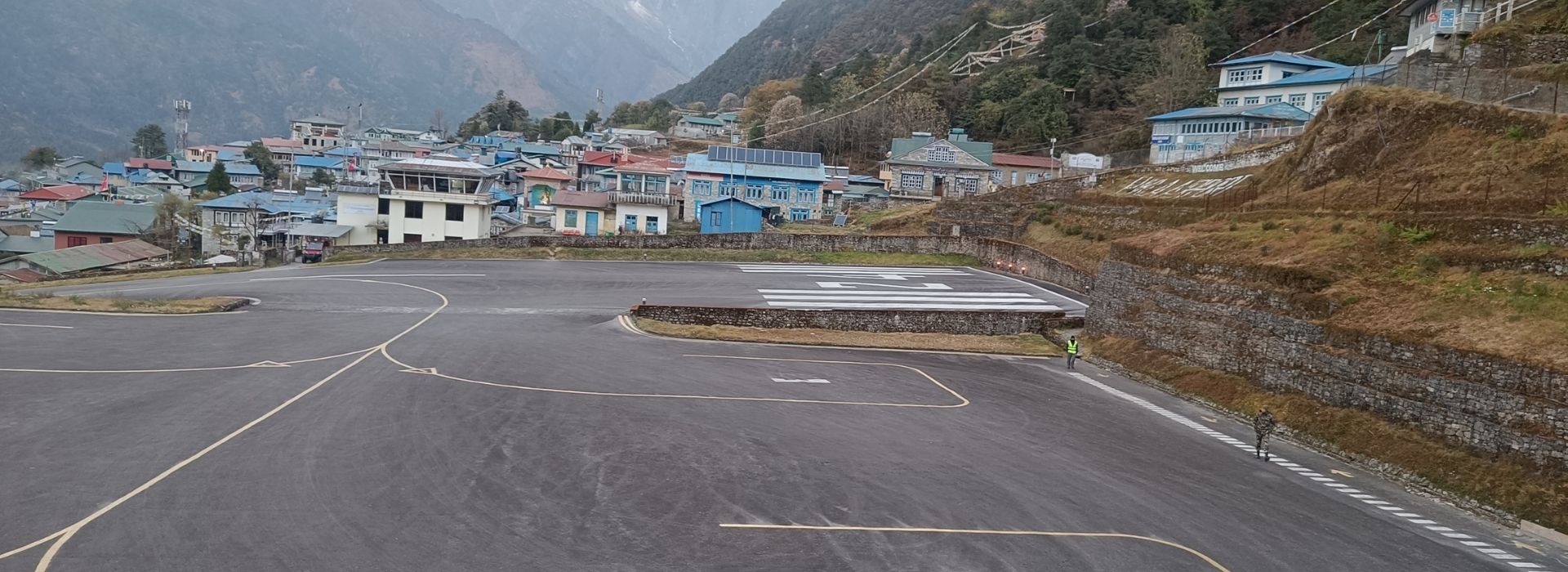 Lukla Airport runway and village view in the Everest region