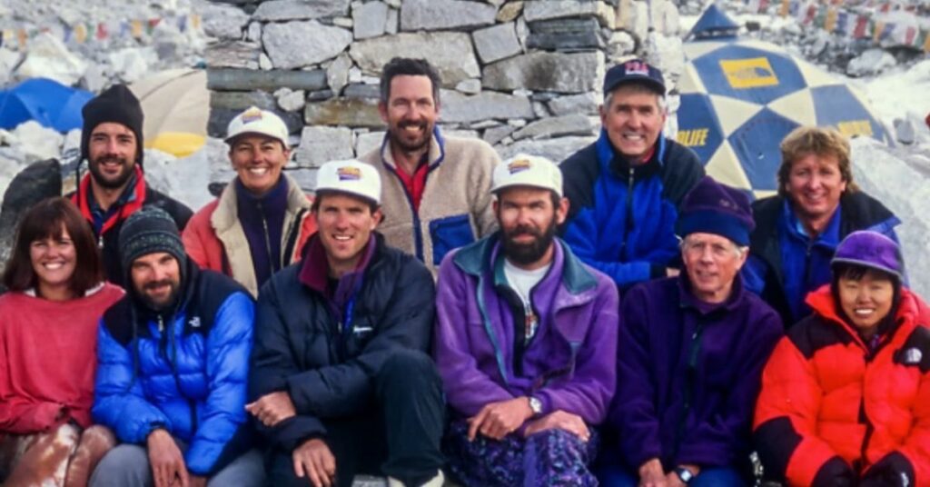 Members of the 1996 Mount Everest expedition team posing together at Base Camp before the disaster