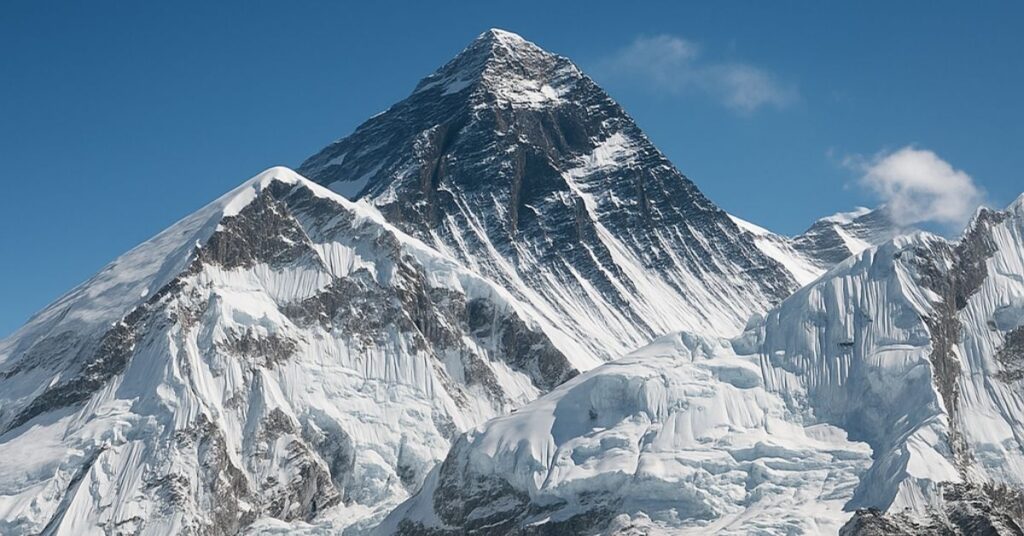 Snow-covered Mount Everest under clear blue sky