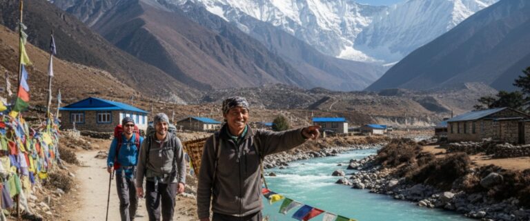 A Sherpa guide leading two trekkers along a scenic mountain path
