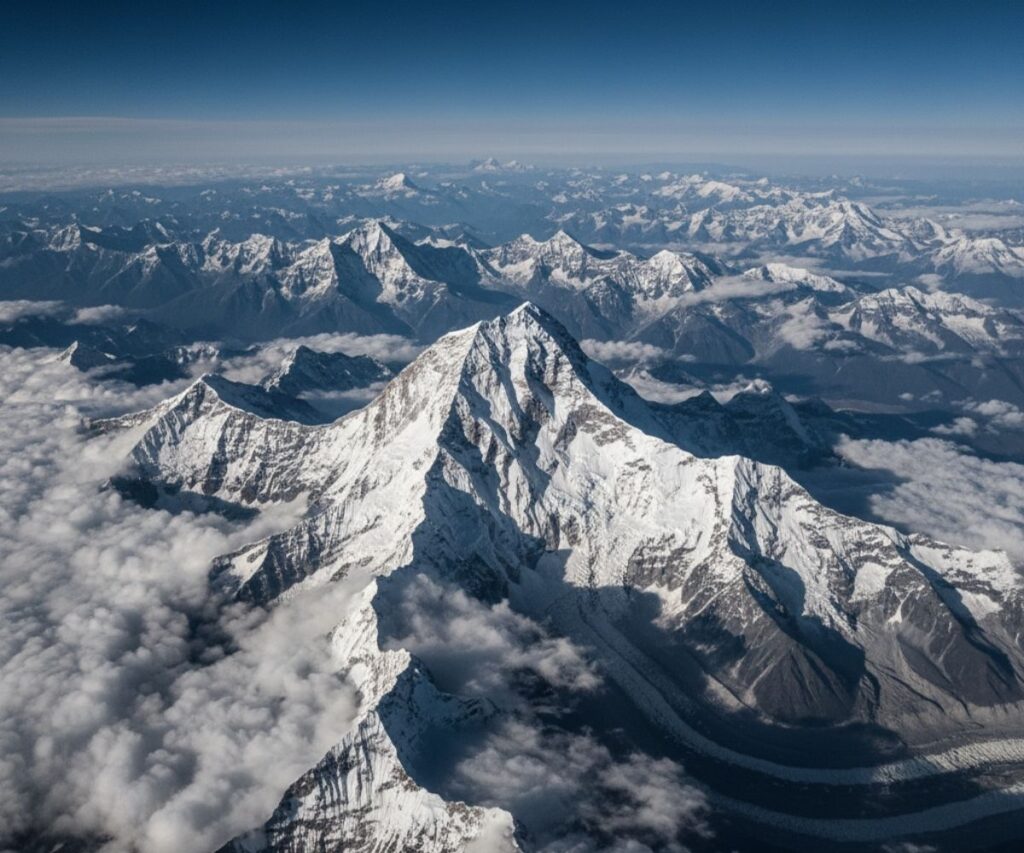 Aerial panorama of Everest and Himalayan ranges covered in snow