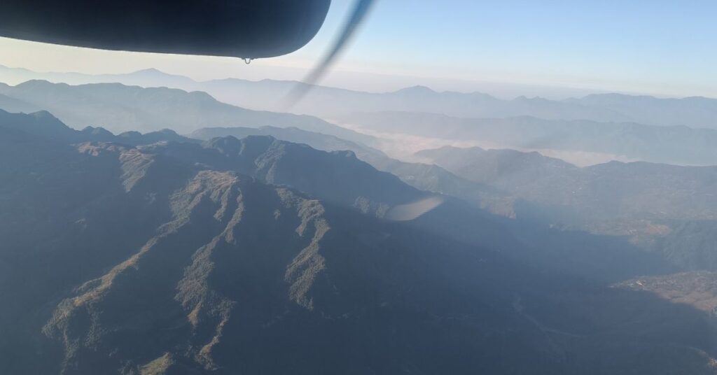 Aerial view of the Himalayan foothills from a flight to Lukla