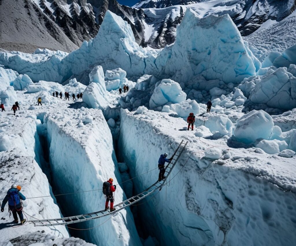 Climbers cross ladders over deep crevasses in the Khumbu Icefall on Everest