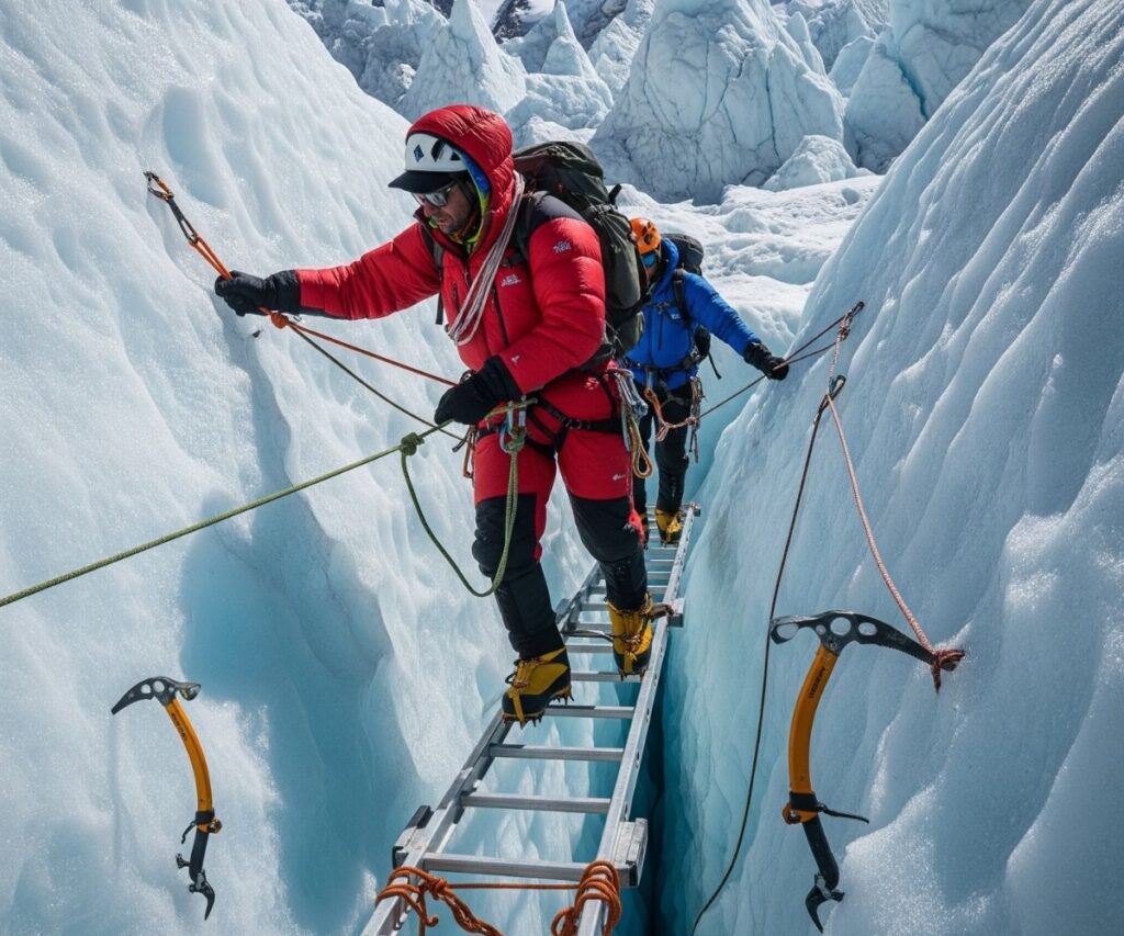 Climbers crossing an ice crevasse on a ladder during Everest expedition