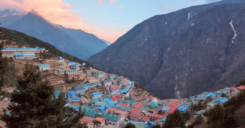 Day 3 of the Everest Base Camp trek with colorful rooftops of Namche Bazaar