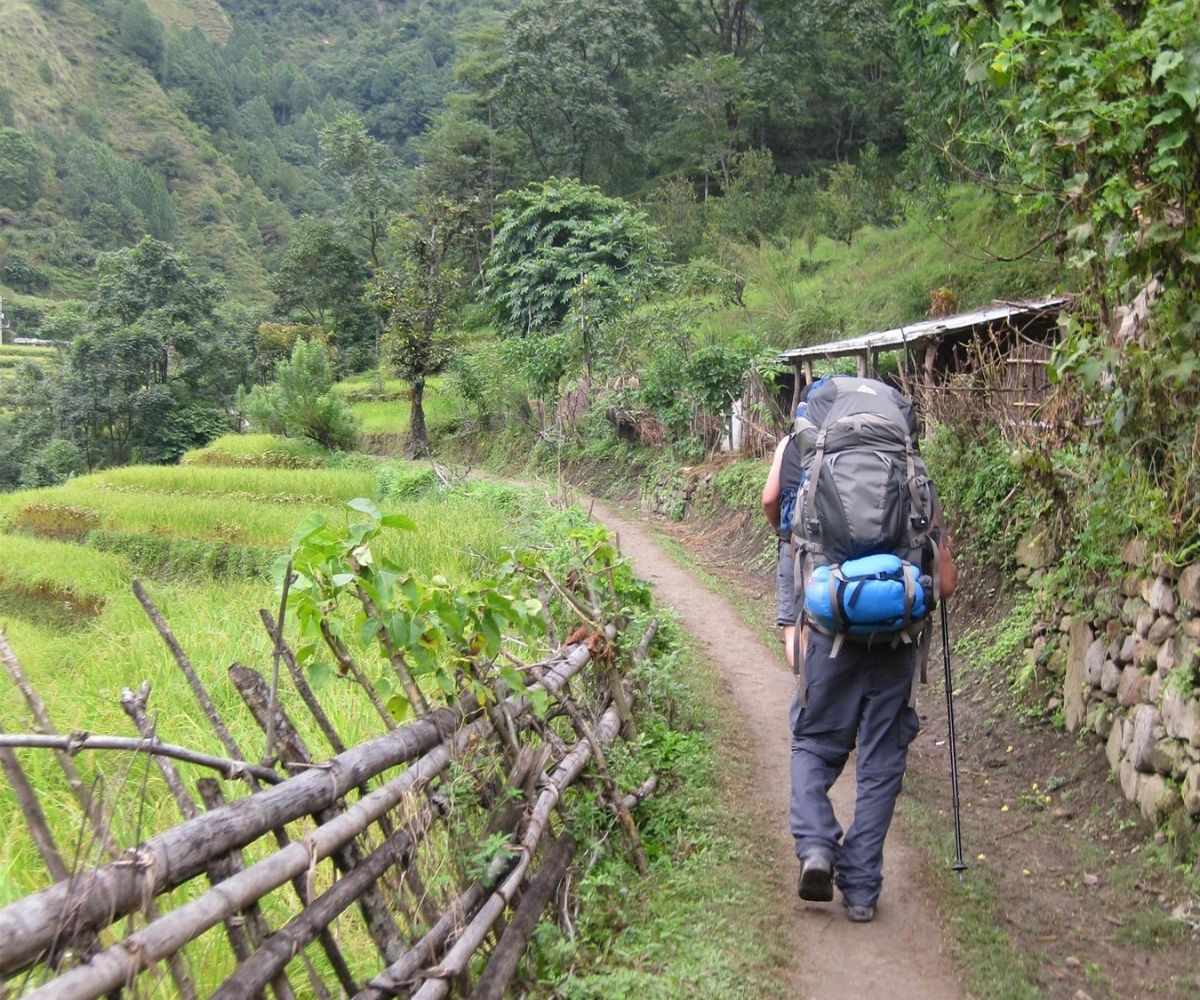 Hiker walking through a green forested trail in rural Nepal,