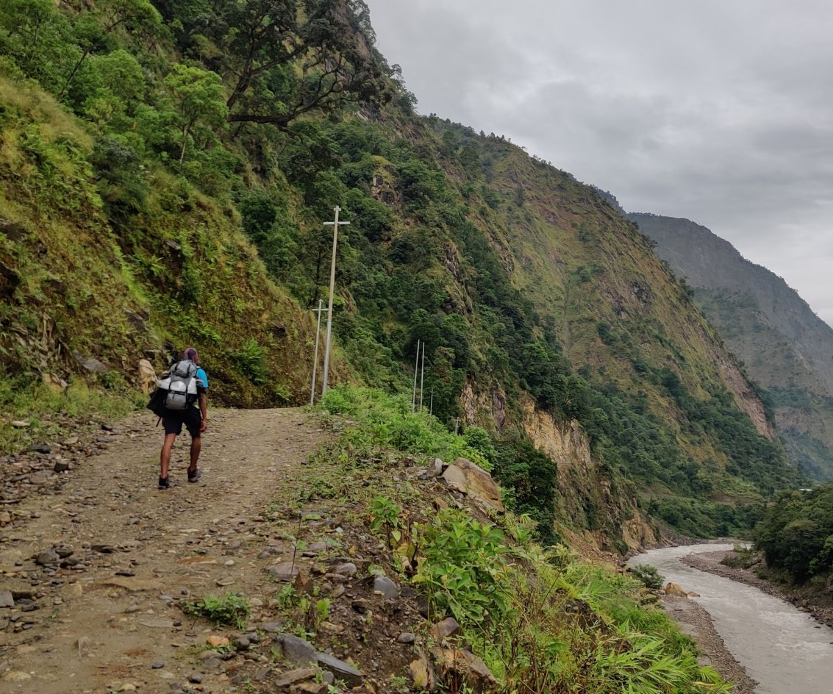 Hiking from Machha Khola to Jagat along a rocky trail