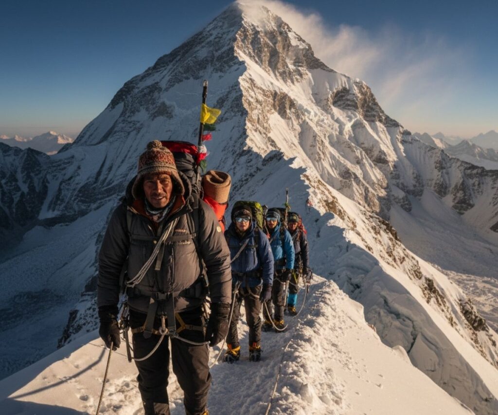 Himalayan sherpa leading everest expedition for climbers