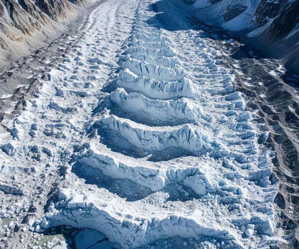 Icefall layers of the Khumbu Glacier flowing down the valley
