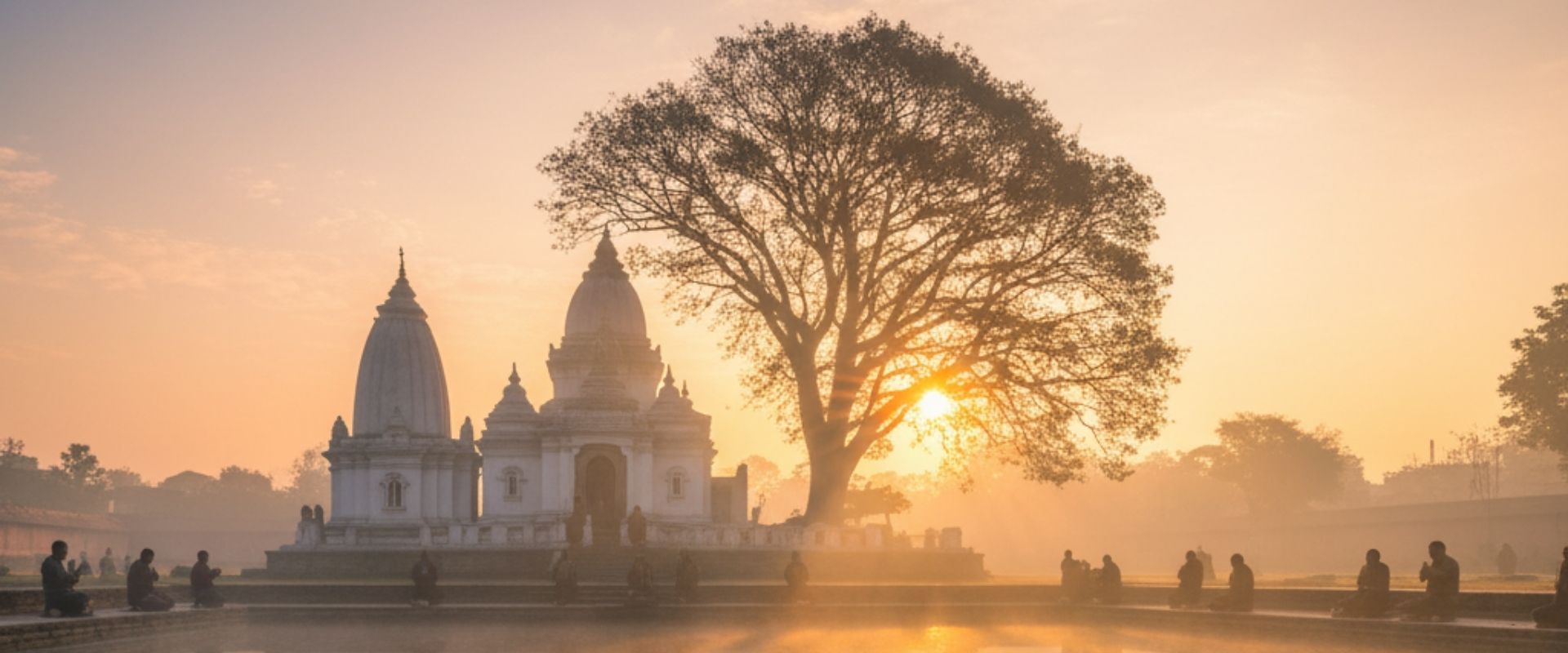 Lumbini at sunrise with Maya Devi Temple glowing