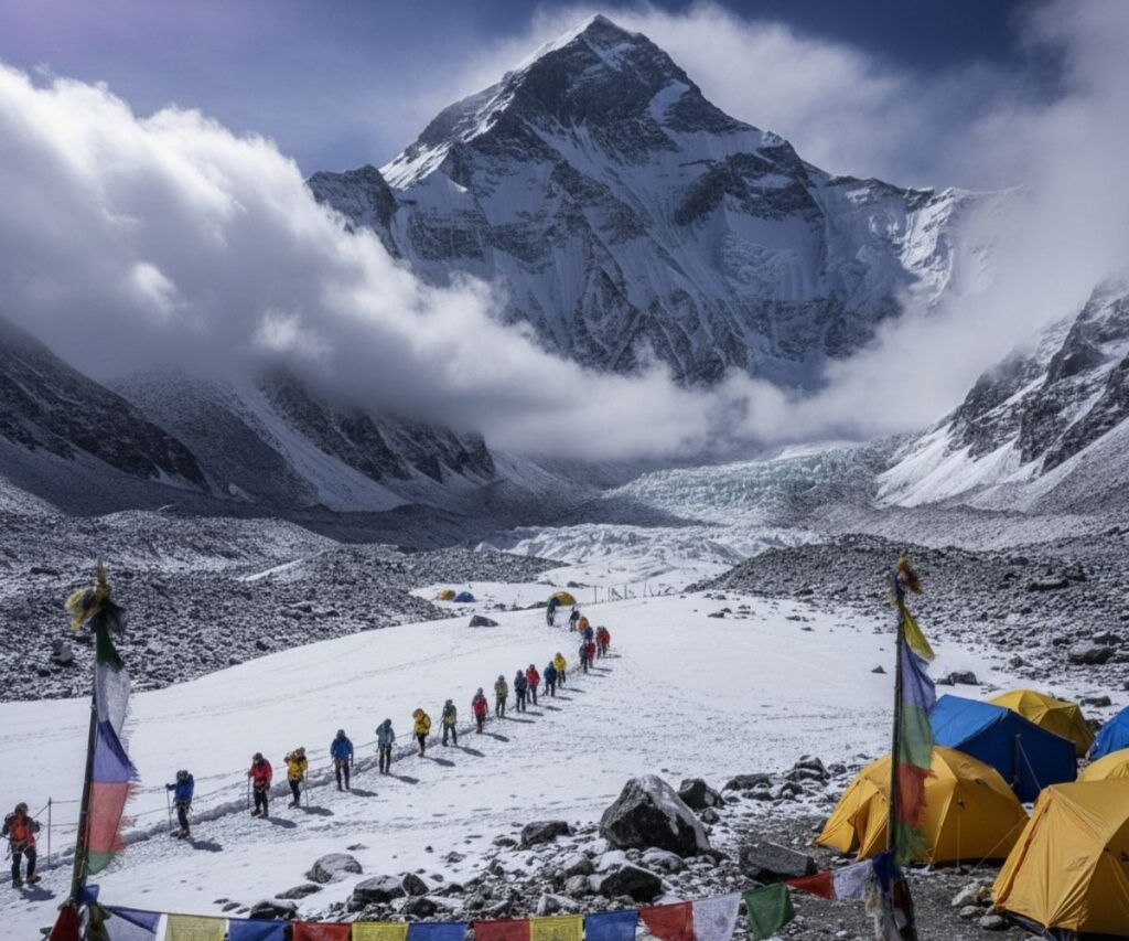 Mount Everest glowing at dawn from base camp with colorful tents