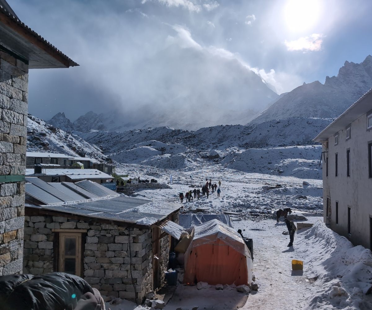 Snowy morning view of Lobuche village in Nepal during Everest Base Camp trek