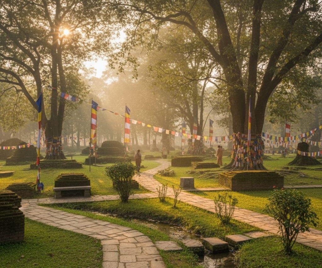 Tranquil garden in Lumbini with stone pathways