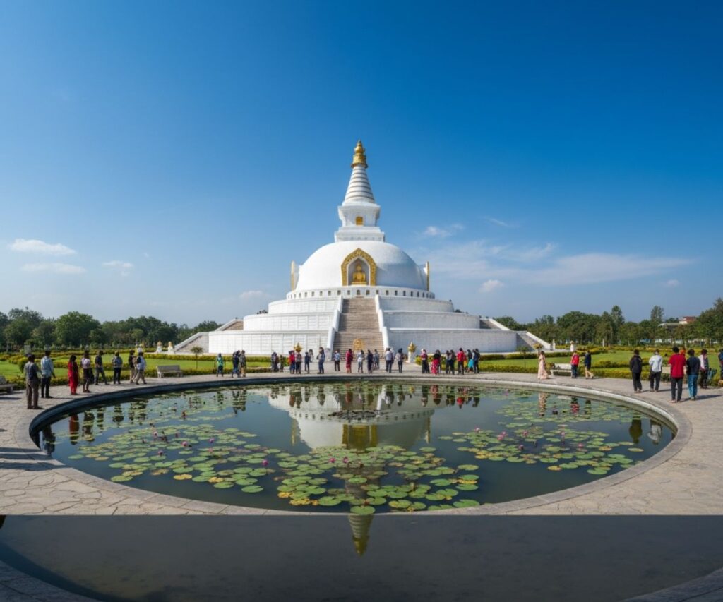 Wide-angle shot of the World Peace Pagoda in Lumbini, Nepal