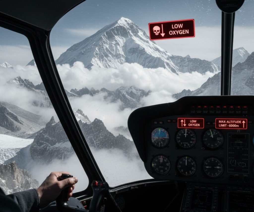 Cockpit view of helicopter approaching Mount Everest