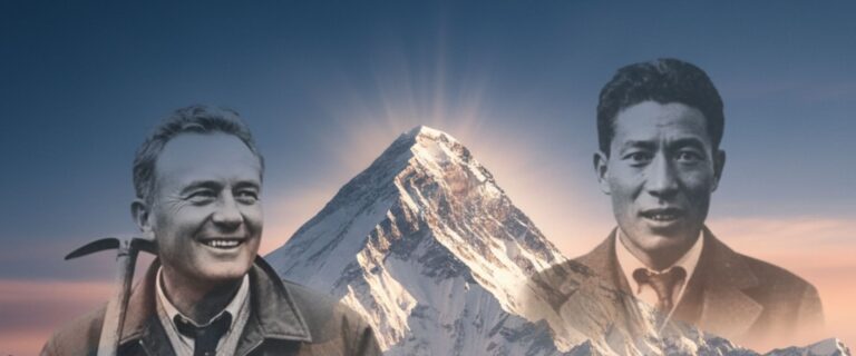 Edmund Hillary and Tenzing Norgay with Mount Everest