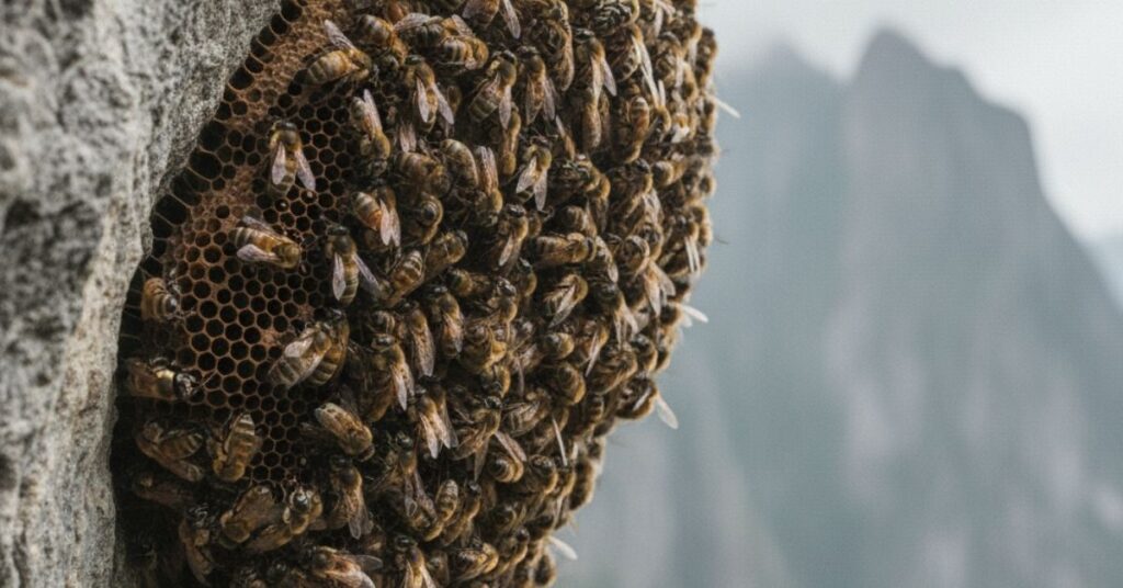 Giant Himalayan bees clustered on natural honeycomb