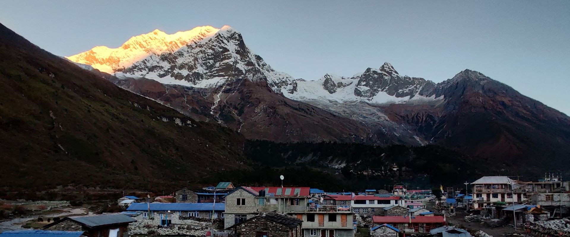 Golden sunrise on Manaslu mountain from Samagaun