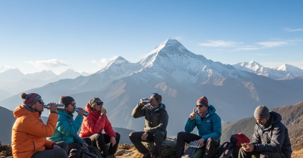Group hydrating during high altitude mountain trek