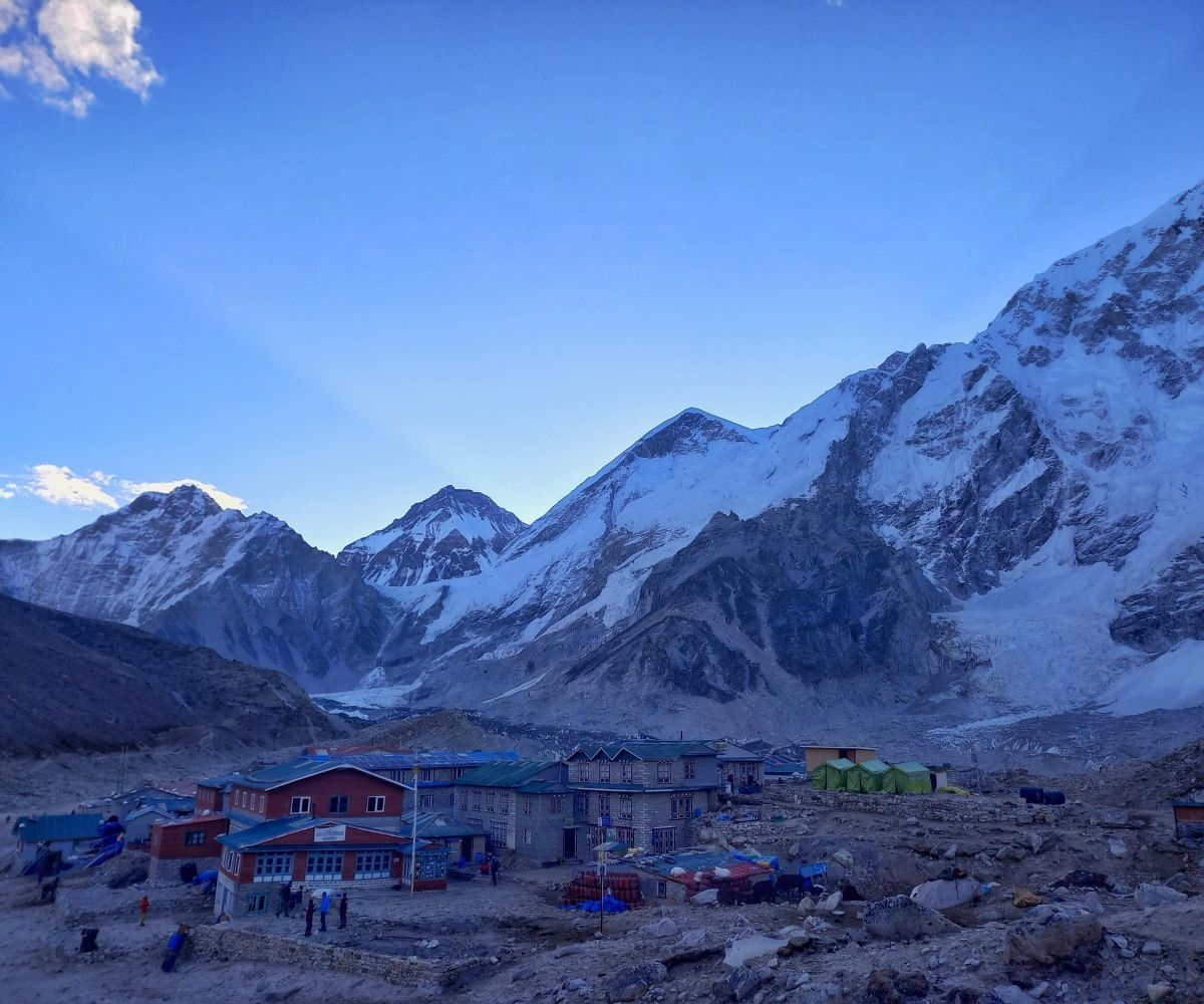 Lobuche village with stone houses beneath Everest massif