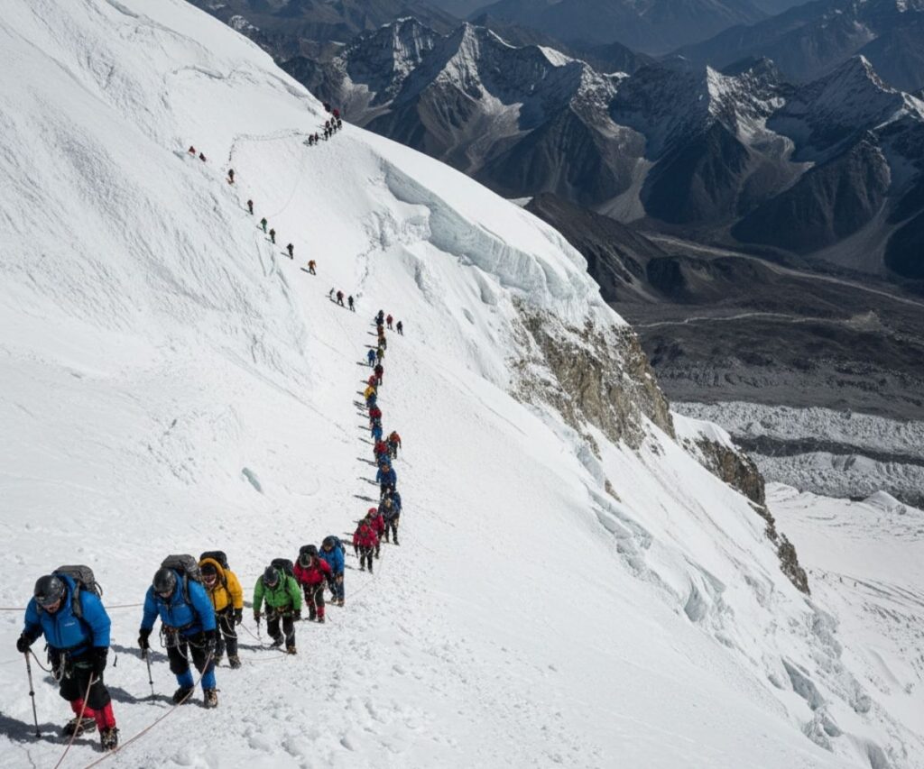 Long line of climbers snakes up