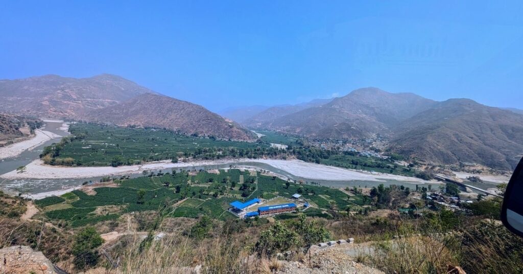 Panoramic view of Lukla valley with winding river