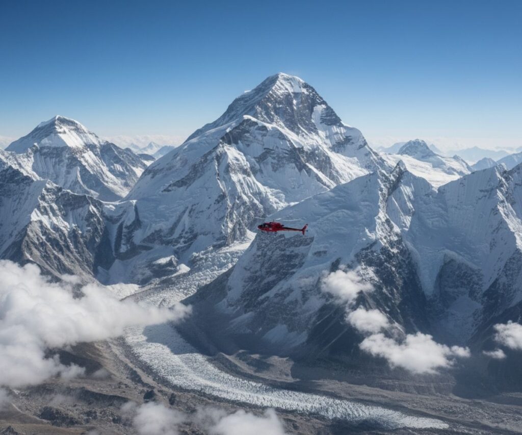 Red helicopter flying near Mount Everest summit