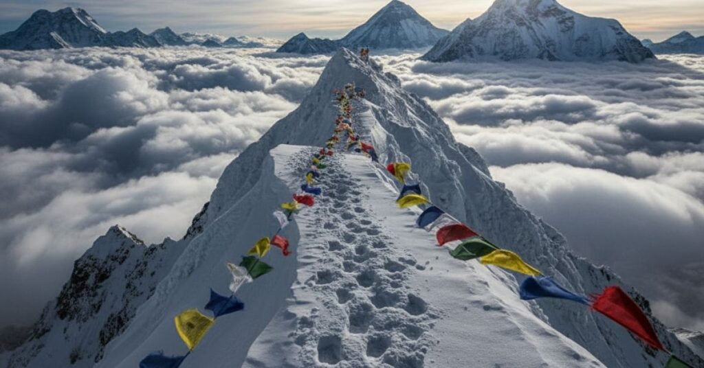 Snow-covered ridge leading to Everest summit